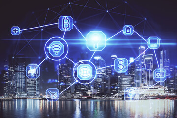 Multi exposure of social network theme drawing and cityscape background. Concept of people connecton.