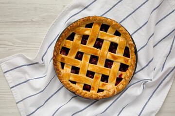 Yummy Homemade Cherry Pie in a baking dish, top view. Flat lay, overhead, from above.