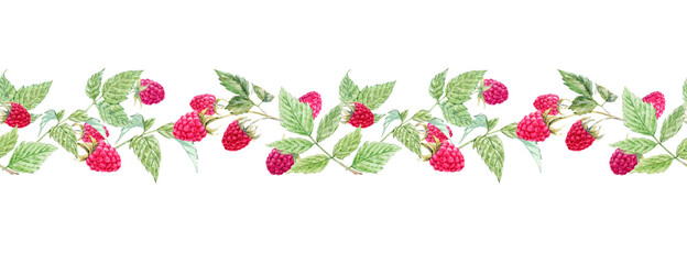 Beautiful seamless horizontal pattern with watercolor raspberry and leaves. Stock illustration.