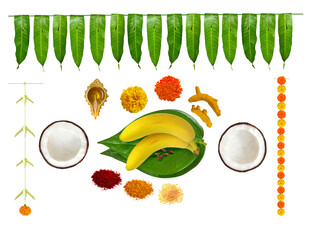 traditional hindu pooja essential items, bannana, betel leaf, betel nuts, coconut, turmeric,...