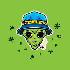 Alien with Jamb. Alien Smoking Weed Poster. Vector Illustration.