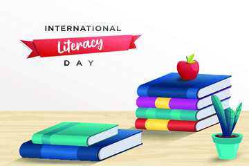 International literacy day poster with pile of books