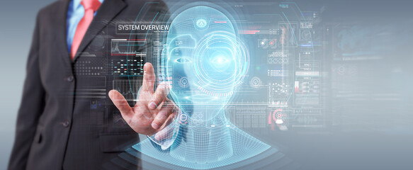 Businessman using digital artificial intelligence head interface 3D rendering