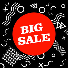 Big sale banner on the black background. Sale in red circle with geometric white elements. "Sale" flyer in trendy memphis style. 