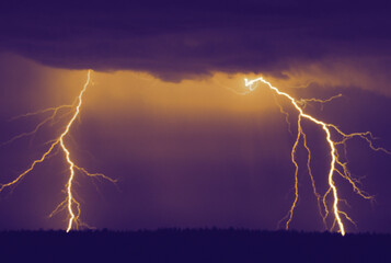 several lightning strikes during a strong thunderstorm over the lake
