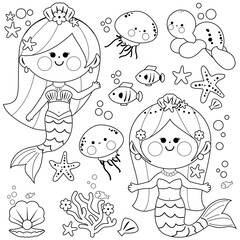 Beautiful mermaids underwater and sea animals. Vector black and white coloring page