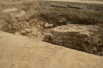 The exposed foundation wall of the former city gate in Lemgo, Germany 