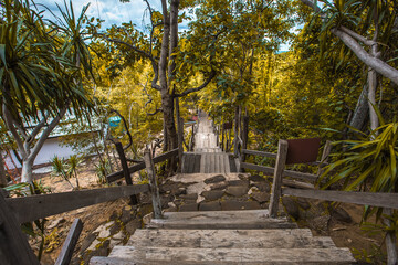 Background of wooden walkways (wooden bridges) created for high-angle views on mountains, natural attractions, or parks that have forest preservation