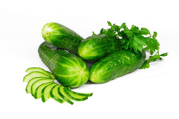 Cucumbers and parsley on white isolated background
