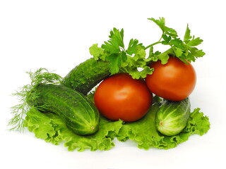 Cucumbers, tomatoes and lettuce on white isolated background