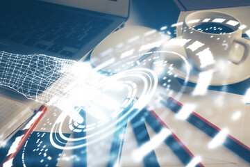 Double exposure of desktop with computer on background and tech theme drawing. Concept of big data.