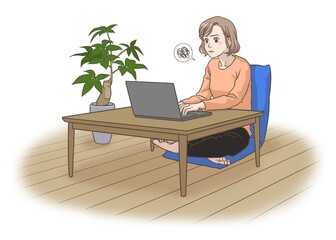 A remote working woman with a frowning face