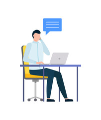 Man working on computer wearing headphones, support of clients and customers flat style. Vector chatting bubble message, guy with laptop sitting by table