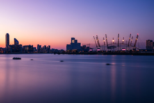 Long exposure, London cityscape with O2 arena at Greenwich Peninsula