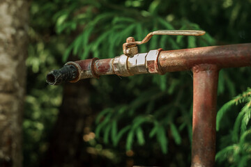 Metal water tap in the garden on a green background