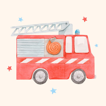 Beautiful vector image with cute watercolor toy fire engine. Stock illustration.