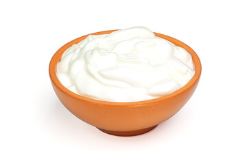 Sour cream, yogurt or soft cottage cheese in ceramic bowl isolated on white background. Natural dairy products. Full depth of field with clipping path.