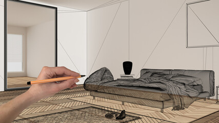 Empty white interior with wooden parquet floor, hand drawing custom architecture design, black ink sketch, blueprint showing modern bedroom with double bed, concept, mock-up, idea