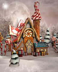 Enchanted gingerbread house in a winter scenery