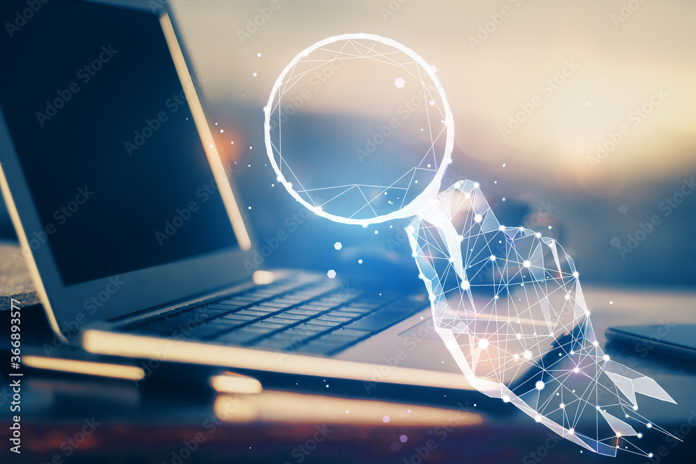 Poster Desktop computer background in office and start up theme hologram drawing. Double exposure. Startup concept.