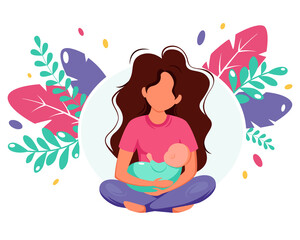 Woman holding newborn baby. Motherhood concept. Mother's day. Vector illustration in flat style.