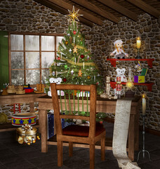 Santa Claus working desk inside an old cottage