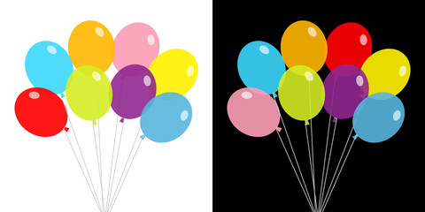 Balloon set. Bunch of balloons. Colorful transparent helium toy on string thread. Flying through the air, sky. Flat design. Isolated. Black and white background. © worldofvector