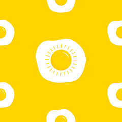 Fried scrambled egg icon. Yolk in shape of sun shining. Top view closeup. Breakfast menu. Cute cartoon food. Flat design. Yellow background. Isolated.
