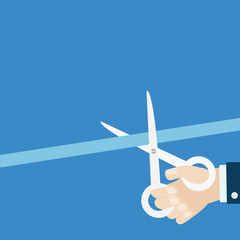 Businessman hand scissors cut the straight ribbon right corner. Grand opening ceremony. Inauguration Flat design style. Isolated template. Blue background.