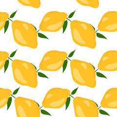 Citrus summer illustration with lemons and leaves. Tropical seamlees pattern with colorful fruits on white background. Food concept. Template design for invitation, card, fabric, textile.
