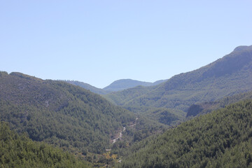 Alanya, TURKEY - August 10, 2013: Travel to Turkey. Helene Hills. Mountains in the background in the distance. Rocks, wildlife of Turkey. Forest and clear blue sky. Mediterranean Sea.