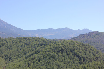 Alanya, TURKEY - August 10, 2013: Travel to Turkey. Helene Hills. Mountains in the background in the distance. Rocks, wildlife of Turkey. Forest and clear blue sky. Mediterranean Sea.
