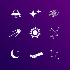 Naklejka premium astronomy icon set vector, include UFO, stars, black hole, satelitte, sun, outline with stars, cresent moon, flat design simple