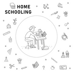 teenager studying at home and doing homework with laptop. Freehand drawing school items frame. Learning language, watching online webinar, listening audio course, e-learning education concept.