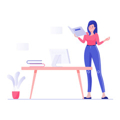 
Female teacher with books in a class, flat illustration design
