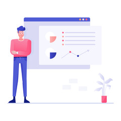 
Male avatar in front of website design delivering a lecture, flat illustration
