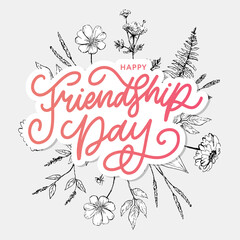 Obraz premium Vector illustration of hand drawn happy friendship day felicitation in fashion style with lettering text sign and color triangle for grunge effect isolated on white background