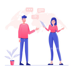 
Male and female with speech bubble, colleague discussion icon in flat style 
