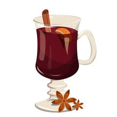Mulled wine in glass vector isolated. Hot tasty alcohol drink for Christmas. Red beverage with aroma spices. Cinnamon, orange and star anise.