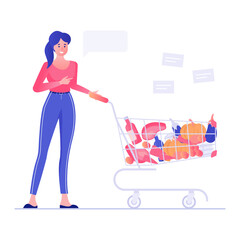  Female with shopping trolley, grocery shopping in flat editable style 