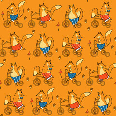 Seamless pattern with foxes on bicycles, birds and trees. Animalistic vector background. Orange, red and blue tones. Can be used for wallpapers, pattern fills, textile, surface textures