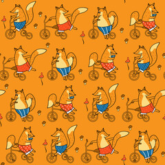 Seamless pattern with foxes on bicycles, birds and trees. Animalistic vector background. Orange, red and blue tones. Can be used for wallpapers, pattern fills, textile, surface textures