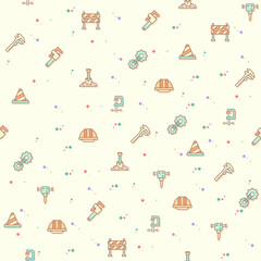 Seamless pattern with construction and industry icon on beige background. Included the icons as labor, industrial equipment, tools, engineering, machinery, work and other elements.