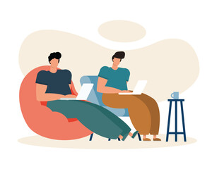 young men using laptops working in the livingroom