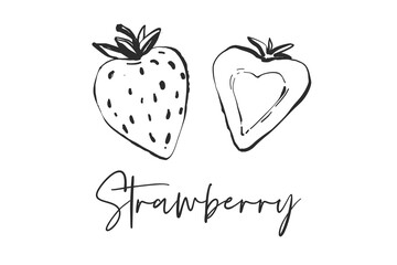 Cut strawberry and strawberry. Black line fruits illustration set. Graphic vector sketch in hand drawn style. Fresh tropical elements on white background.