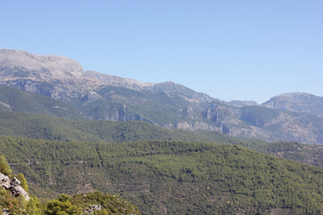 Alanya, TURKEY - August 10, 2013: Travel to Turkey. Helene Hills. Mountains in the background in the distance. Rocks, wildlife of Turkey. Forest and clear blue sky.