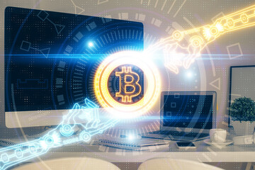 Multi exposure of blockchain theme hologram and table with computer background. Concept of bitcoin...