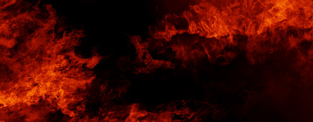 Panoramic view fire on isolated background. Perfect explosion effect for decoration and covering on black background. Concept burn flame and light texture overlays. Stock illustration