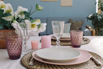 Stylish crockery on dining table. Table set for event party. Catering and eating concept.