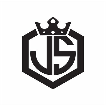 JS Logo monogram rounded by hexagon shape with crown design template on white background